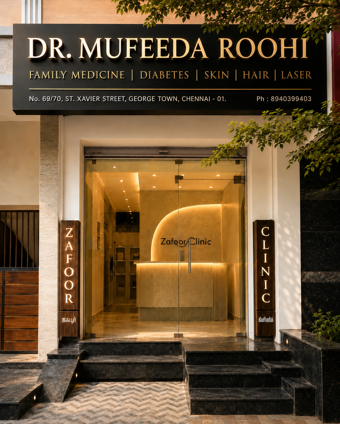 Zafoor Clinic storefront and glass entrance, Dr. Mufeeda Roohi signage, St. Xavier Street, Broadway, Sevenwells, Chennai